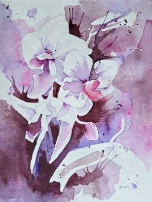 Aquarellbild abstrakter  Orchideen in Rosa- und Blautönen